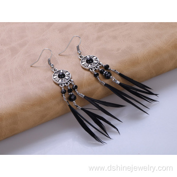 Black Feather Earrings Alloy Pendant Crystal Hook Earrings